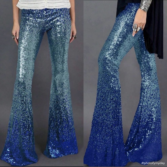 Luxe Glamour Sequin Mesh Wide Leg Palazzo Pants Holiday Evening Green Gold - Picture 10 of 13